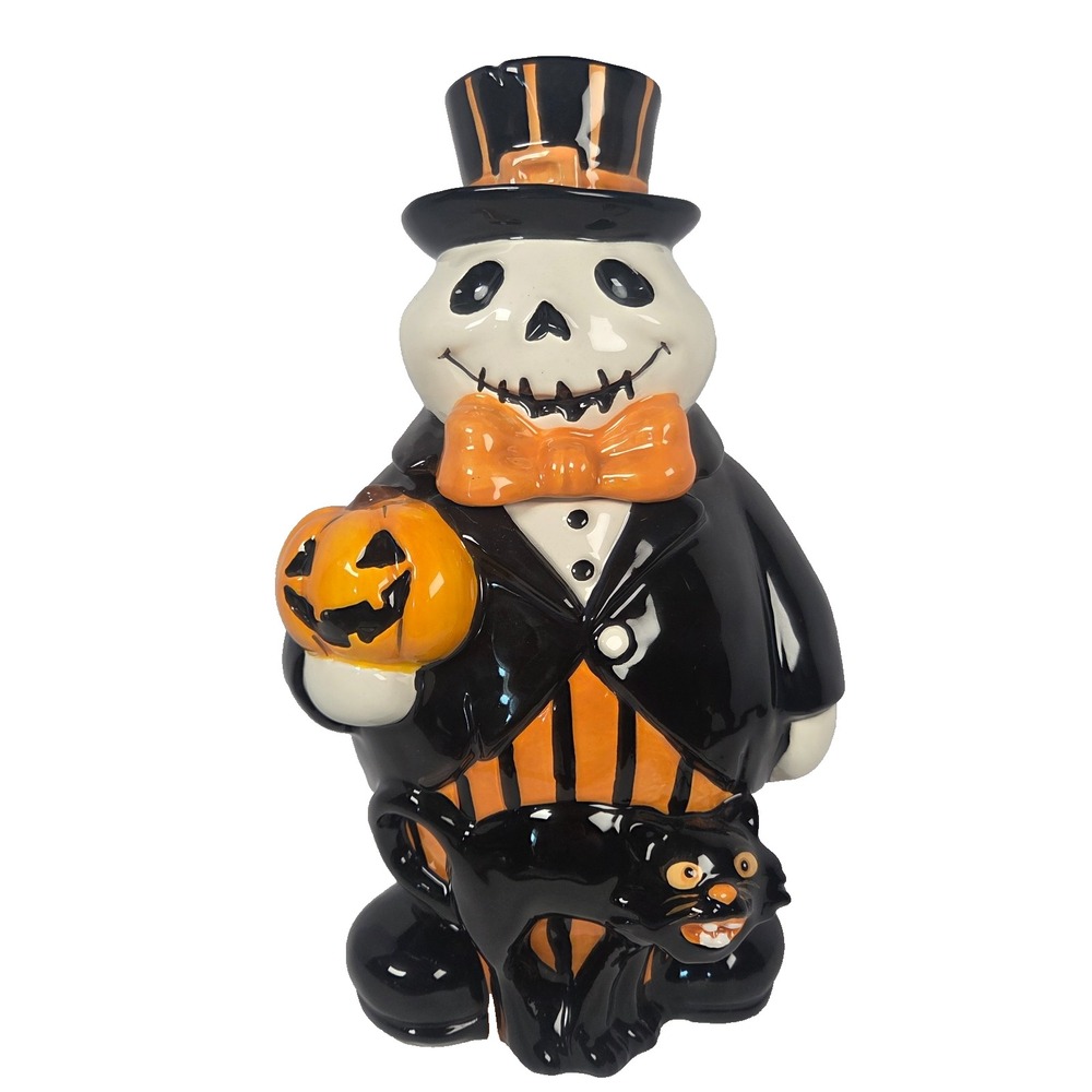 Halloween Skeleton Pumpkin Black Cat Cookie Jar 11 Inch Ceramic Blue Sky